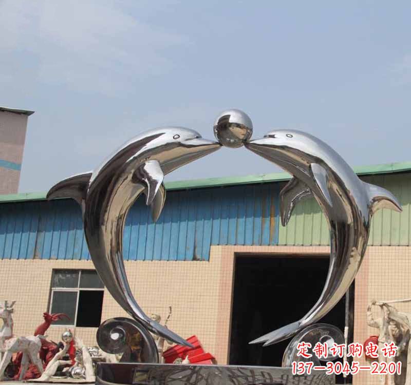 大同海豚之恋——不锈钢公园镜面海豚顶球雕塑