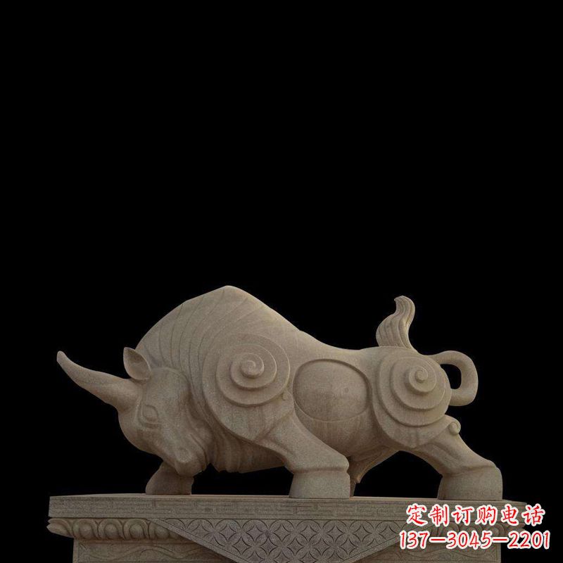 大同抽象牛砂岩雕塑-生肖动物石雕摆件