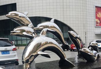 大同海豚雕塑点亮城市商场的不锈钢镜面水景