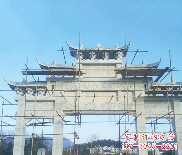 大同村庄大理石三门牌坊石雕 (4)