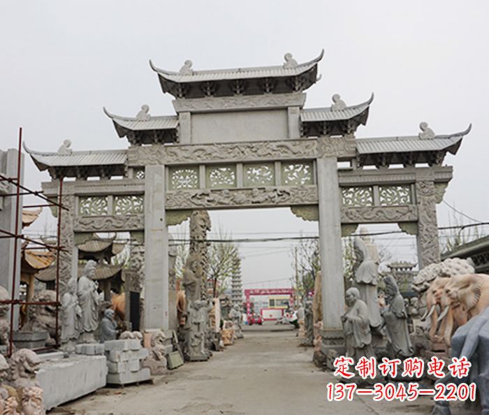 大同村庄大理石三门牌坊石雕 (3)