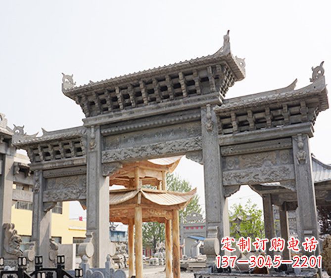 大同村庄大理石三门牌坊石雕 (5)