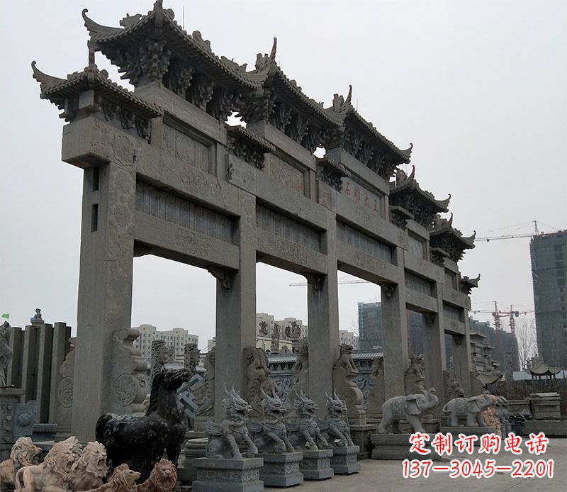 大同大型五门仿古牌坊石雕 (3)