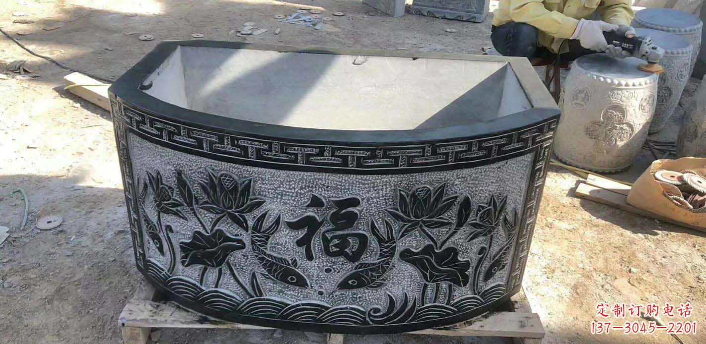 大同精致方口石浮雕水缸雕塑