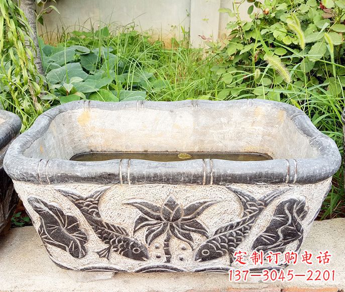 大同方形荷花鲤鱼石浮雕水缸