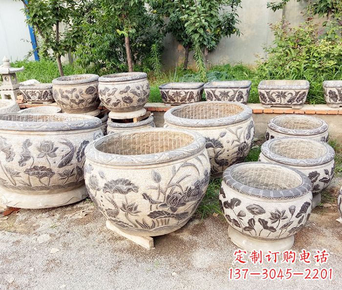 大同仿古石雕鲤鱼浮雕水缸