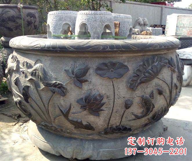 大同精美仿古荷花鲤鱼浮雕石水缸