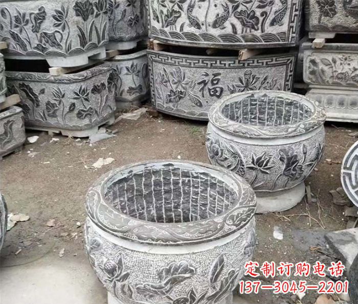 大同仿古荷花石浮雕水缸塑像
