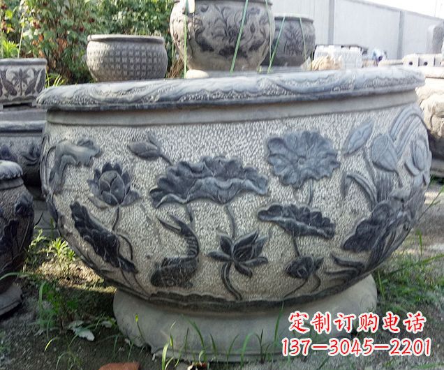 大同中领雕塑仿古荷花石浮雕水缸
