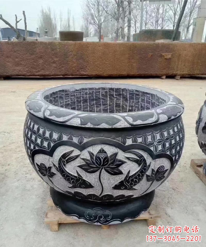 大同仿古石雕荷花鲤鱼水缸