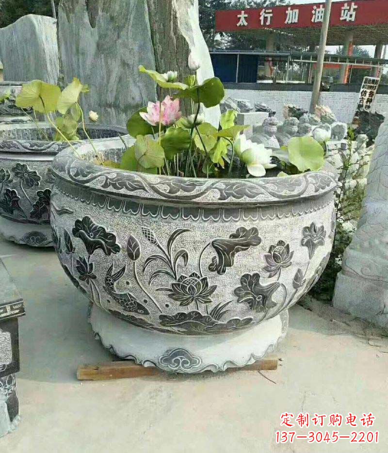 大同仿古石雕荷花水缸——精美的艺术品