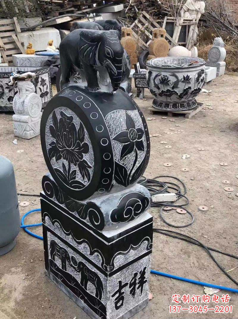 大同传统工艺小象抱鼓石雕塑