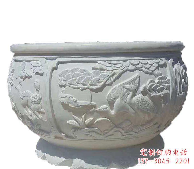 大同仿古鱼缸石雕花盆摆件