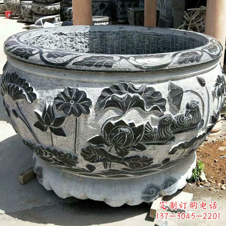 大同极致精细仿古圆形鱼缸石雕