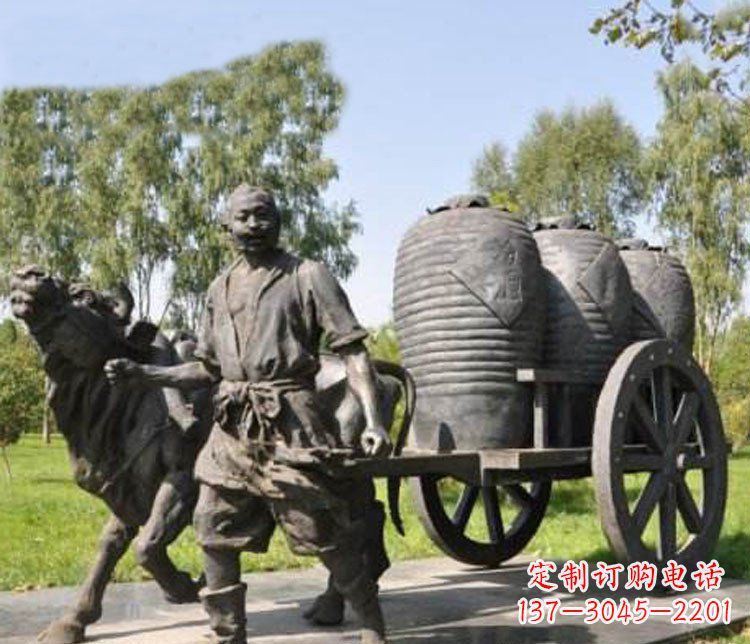 大同公园驾着牛车拉酒缸的古代人物小品铜雕