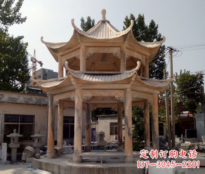 大同公园景观晚霞红双层石雕凉亭