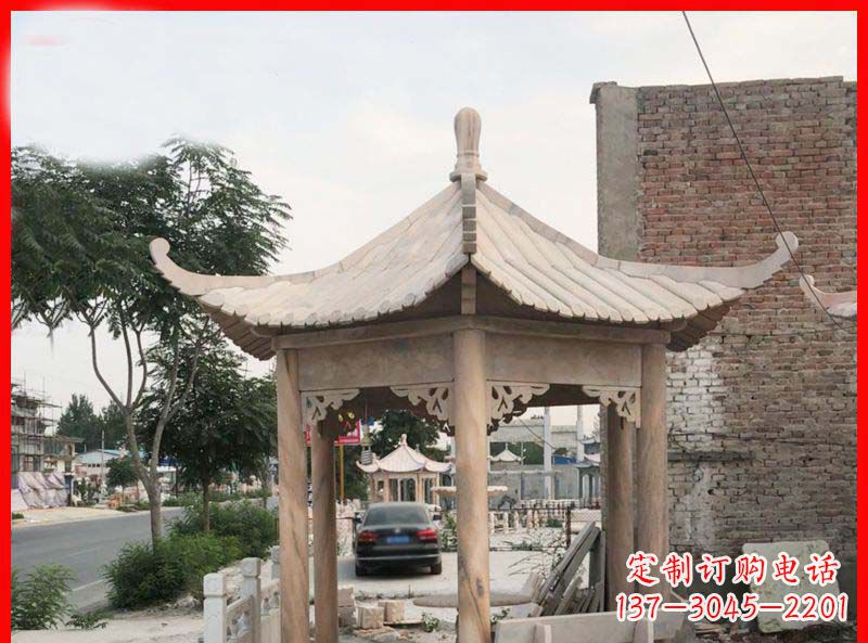 大同公园晚霞红六角石凉亭雕塑