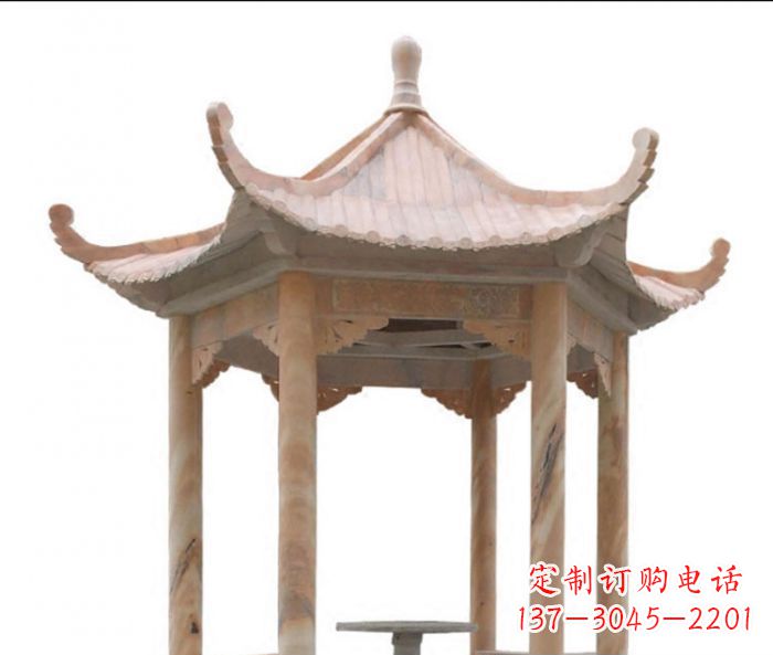 大同美丽而优雅的公园晚霞红六角石凉亭雕塑
