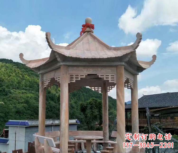大同一流的公园晚霞红六角石雕凉亭