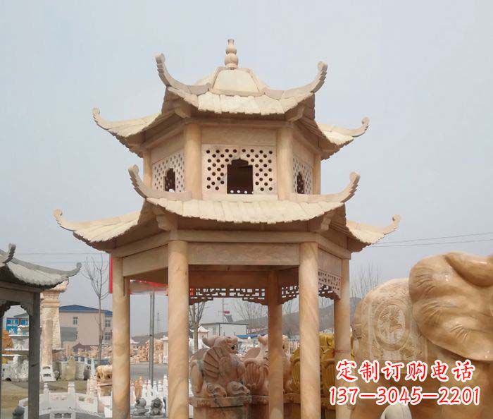 大同红双层六角石凉亭雕塑