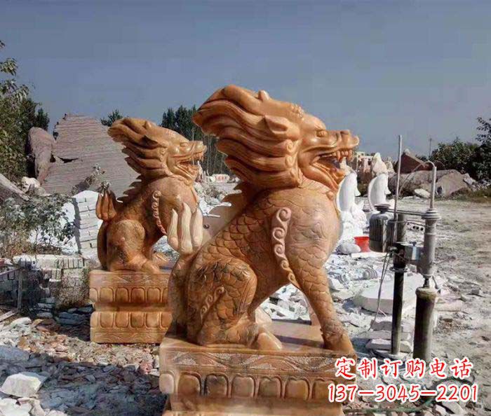 大同精美绝伦,古典神兽晚霞红石雕麒麟
