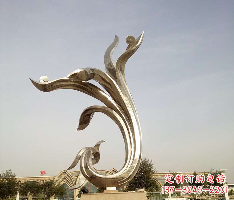 大同中国传统图案雕刻定制——高端不锈钢抽象金凤凰雕塑