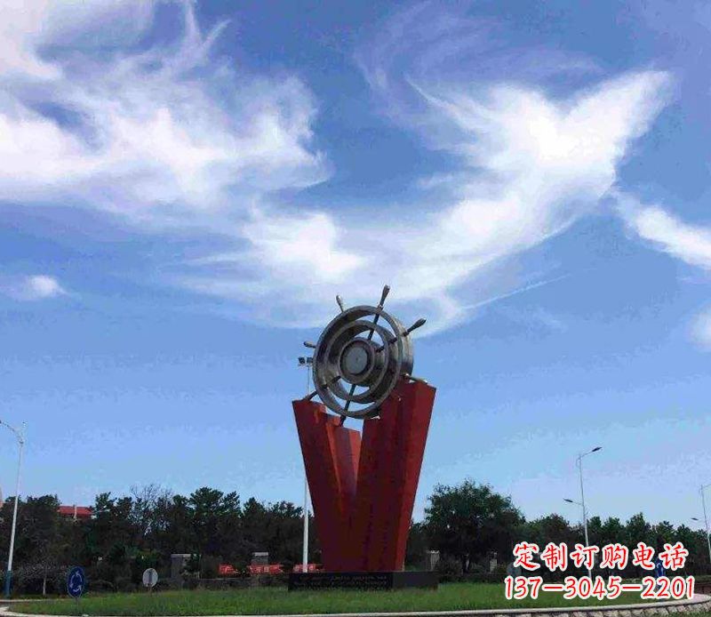 大同海上风情,精致大气的不锈钢船舵雕塑