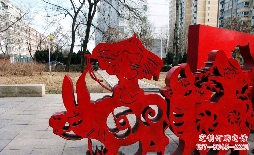 大同广场不锈钢剪纸牧童牛雕塑