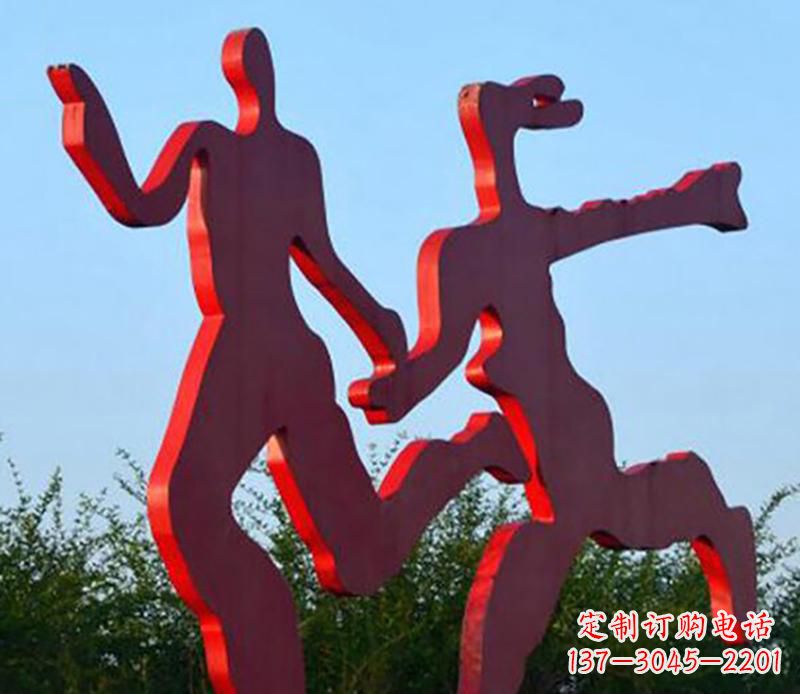 大同广场不锈钢情侣跑步雕塑