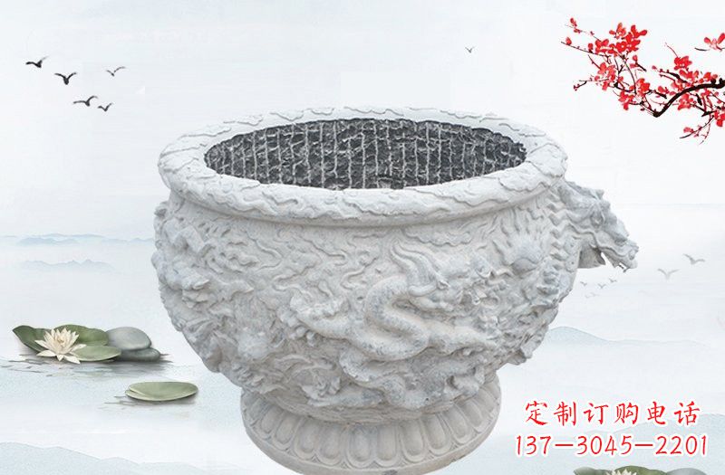 大同汉白玉龙浮雕水缸,传承传统经典