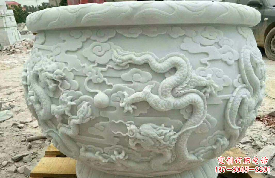 大同汉白玉龙浮雕水缸雕塑