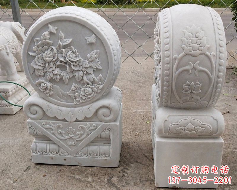 大同汉白玉牡丹花浮雕门墩