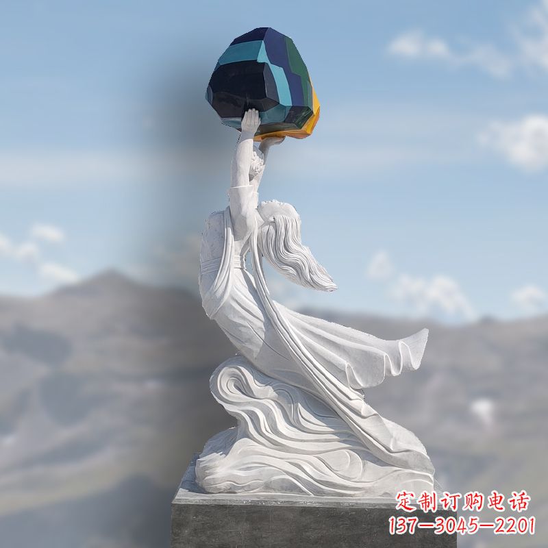 大同汉白玉女娲补天石雕雕塑摆件