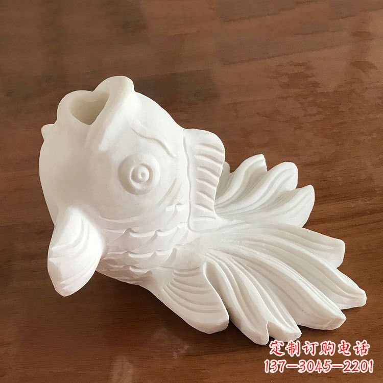 大同汉白玉喷水金鱼石雕-园林水景创意动物雕塑摆件