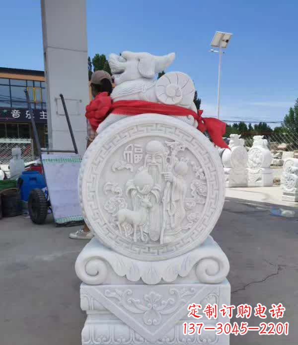 大同汉白玉貔貅石门墩雕塑