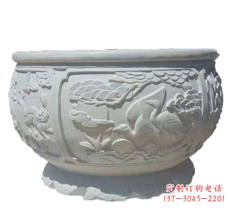 大同汉白玉松鹤延年浮雕水缸