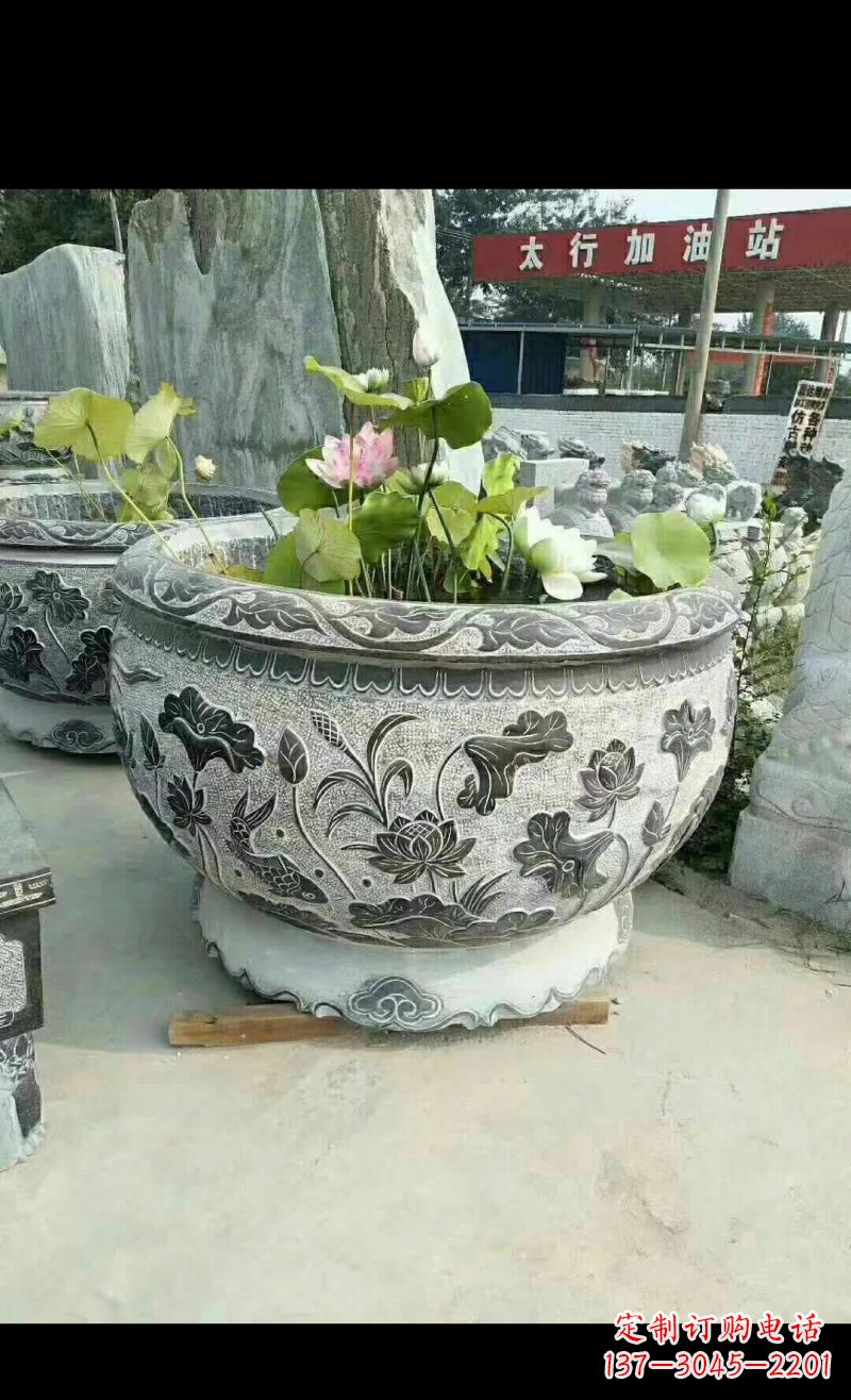 大同精美荷花鲤鱼石浮雕水缸