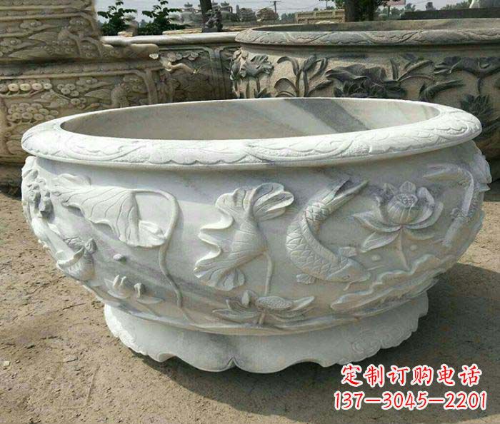 大同荷花鲤鱼石浮雕招财水缸
