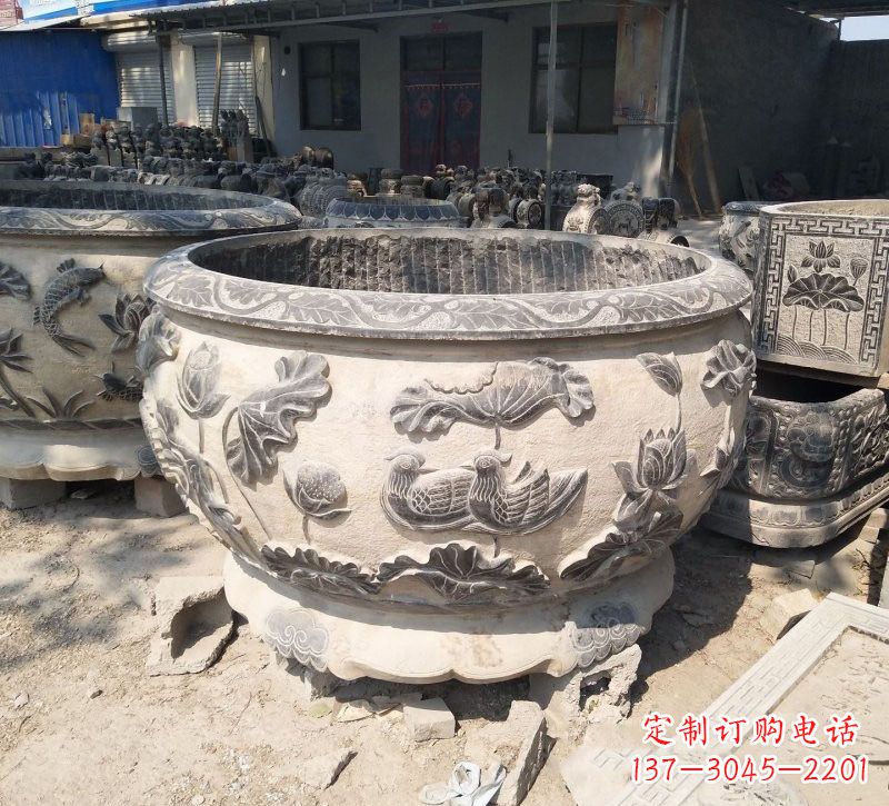 大同传统艺术、高雅精致,荷花鸳鸯石水缸精美雕塑
