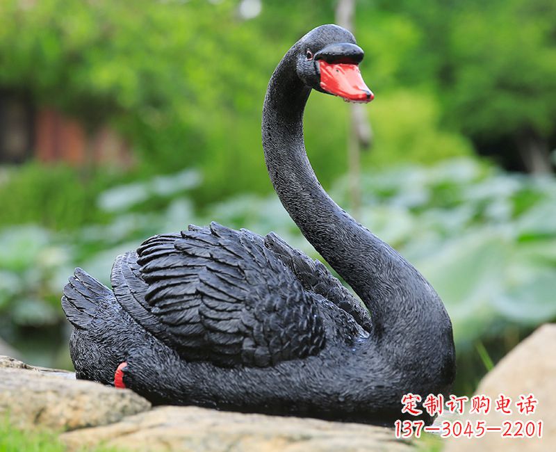 大同黑色天鹅卧姿雕塑-园林水景动物摆件
