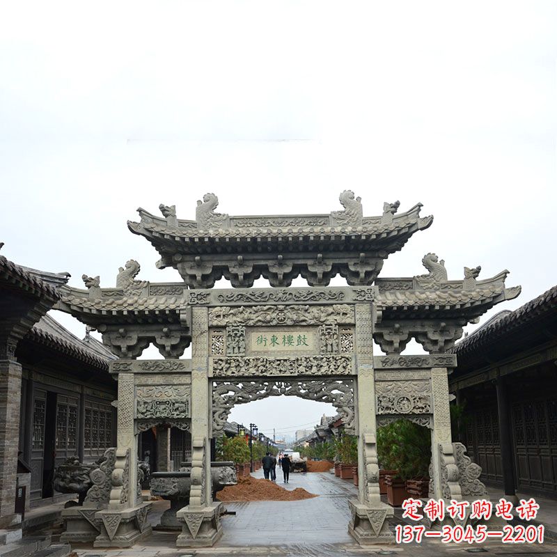 大同特色街道三门石雕牌楼雕塑