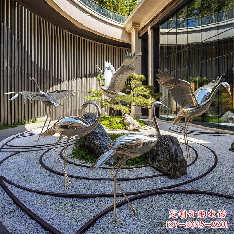大同镜面不锈钢仙鹤雕塑,别墅庭院室内动物装饰摆件