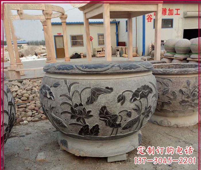 大同连年有余石浮雕仿古圆水缸 (3)