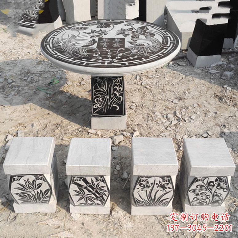 大同梅兰竹菊仿古方石桌凳雕塑,古朴典雅