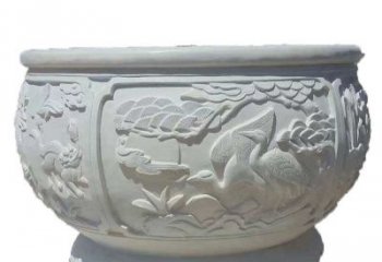 大同汉白玉松鹤延年浮雕水缸，带给您无尽的岁月美景