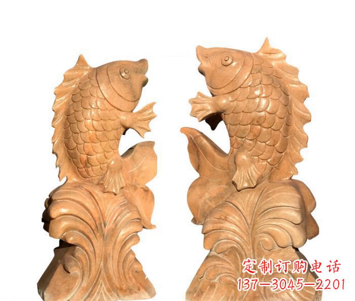 大同中领雕塑:精美的鲤鱼喷水晚霞红石雕