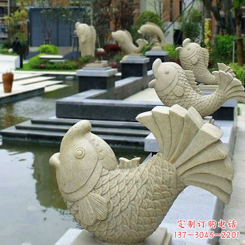 大同喷水鱼砂岩石雕-园林水池雕塑