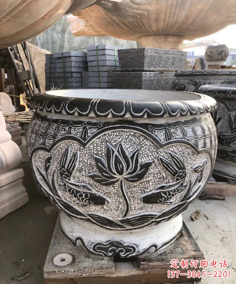 大同青石仿古荷花水缸雕塑