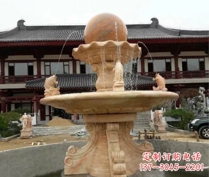 大同双层风水球喷泉晚霞红石雕