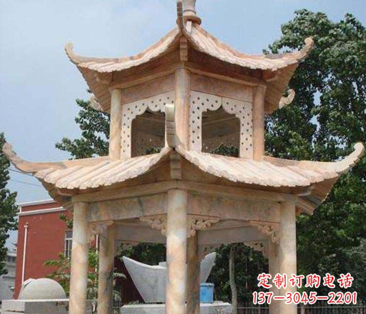 大同双层晚霞红凉亭石雕